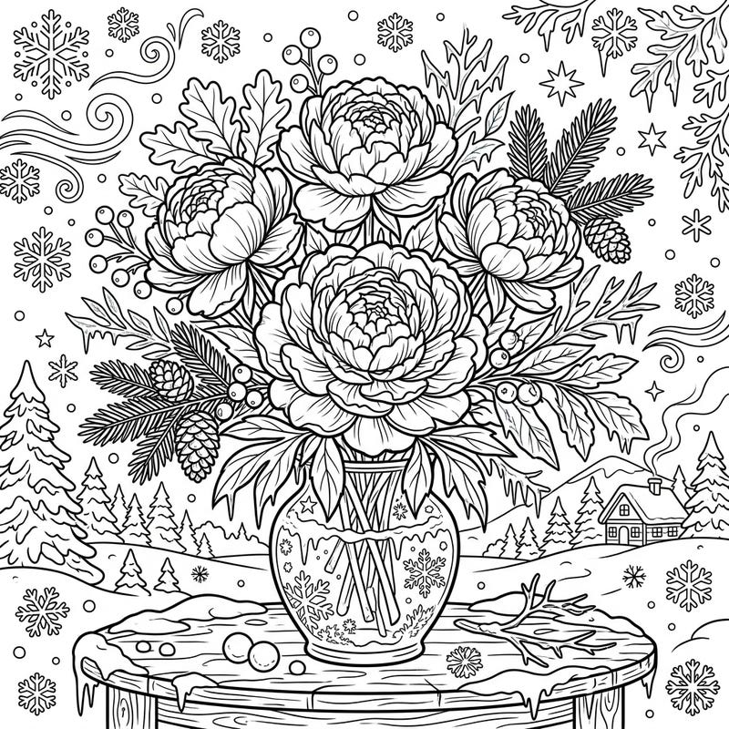 Unwind with this beautiful coloring page featuring elegant pink peonies nestled amidst a serene winter wonderland. Perfect for anyone seeking a blend of floral beauty and frosty charm for their next creative project.