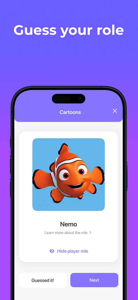 Guess Up: Who am I? - Screenshot of Guess Up app showing a Nemo role card from the cartoon category