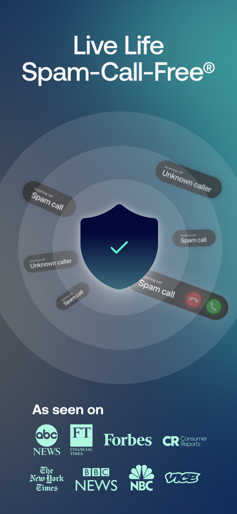 Robokiller app screen showing a central protection shield blocking spam calls and a section with logos of news outlets like ABC News and NBC