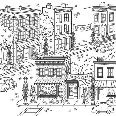 Dive into the festive spirit of fall with this delightful cityscape coloring page, perfect for young artists. Children can bring to life bustling streets adorned with pumpkins, corn stalks, and playful autumn leaves.