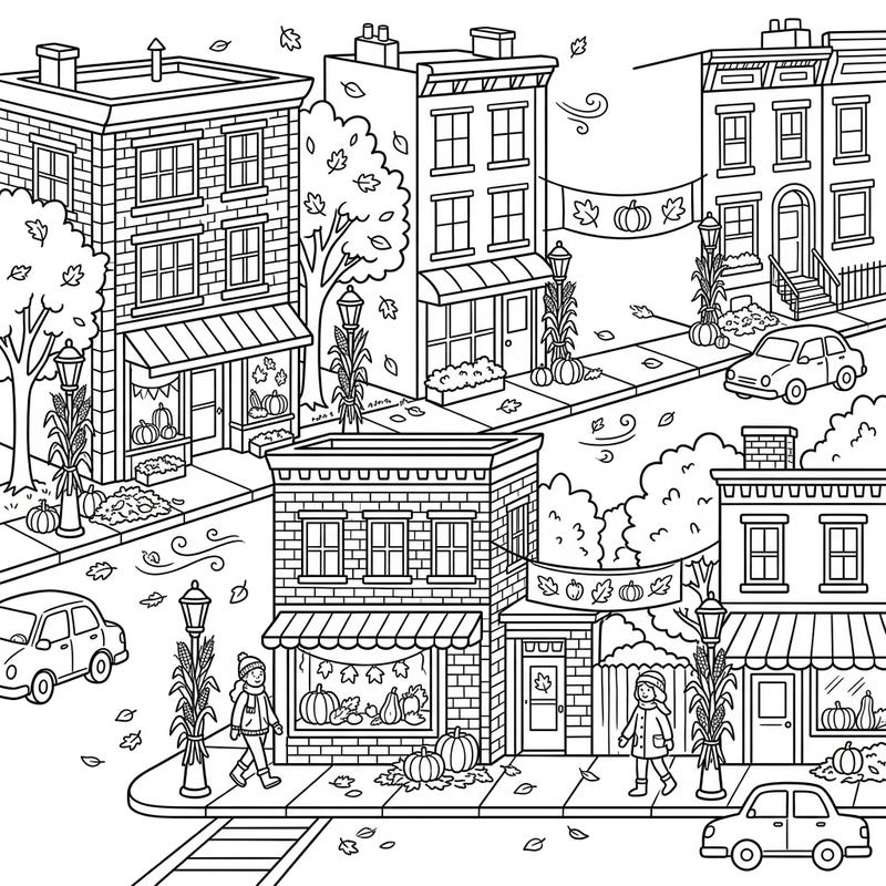 Dive into the festive spirit of fall with this delightful cityscape coloring page, perfect for young artists. Children can bring to life bustling streets adorned with pumpkins, corn stalks, and playful autumn leaves.