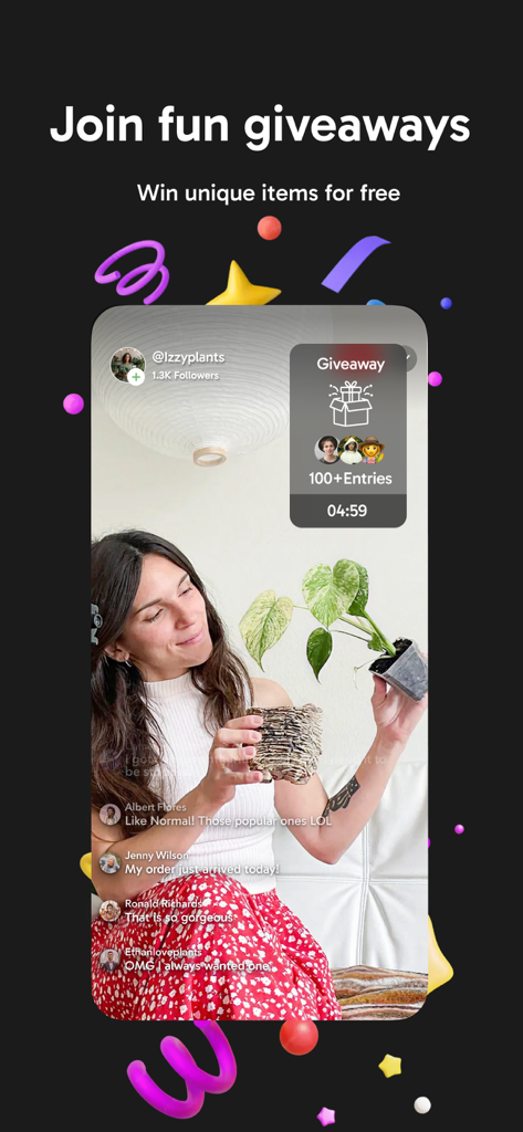 A live stream on the Palmstreet app showing a host holding a plant during a giveaway event with real-time viewer chat.