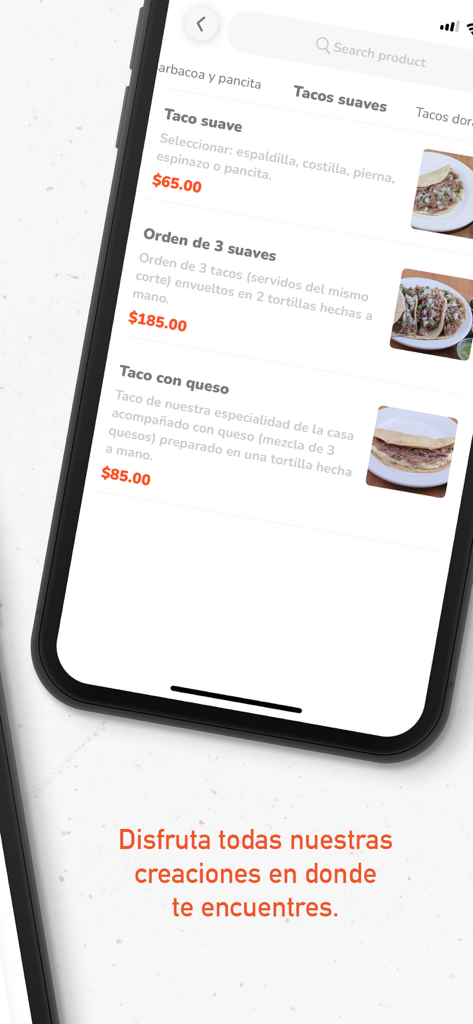 El Mexiquense - Mobile app screen showing a menu of soft tacos with descriptions and prices from El Mexiquense restaurant