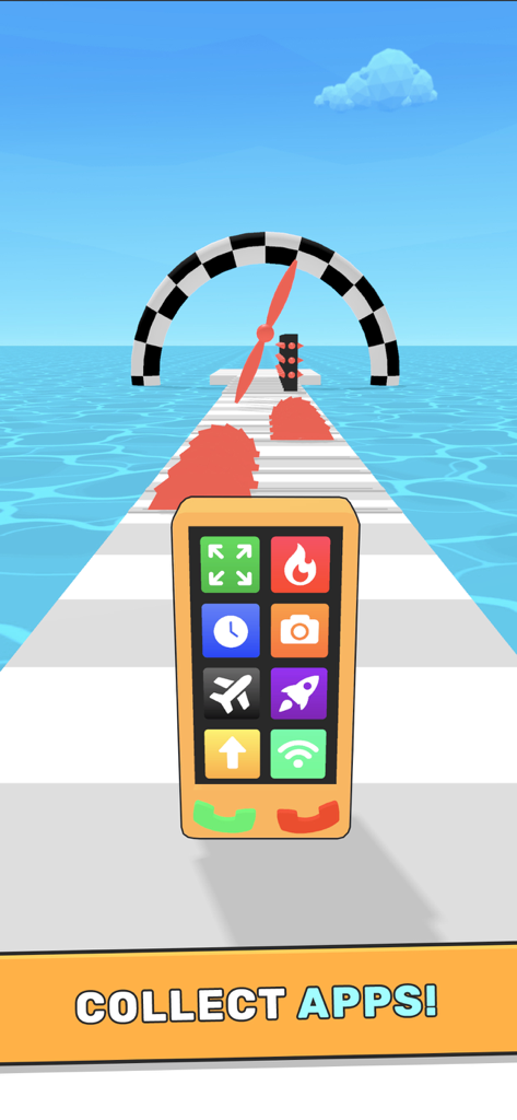 Mobile Run - A smartphone character running on a track over water to collect app icons in the mobile game Mobile Run