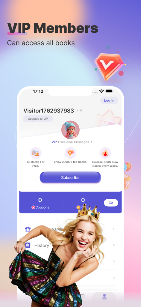 Rosia - Rosia App-Oberfläche, die die VIP-Mitgliedschaft mit unbegrenztem Zugang zu Romanen bewirbt