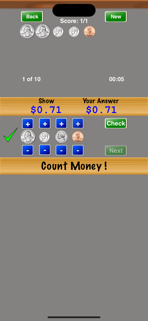 Count Money ! - Gameplay-Bildschirm der Geldzähl-App, der eine Matheaufgabe zeigt, bei der ein Benutzer 71 Cent mit US-Münzen richtig zählt.
