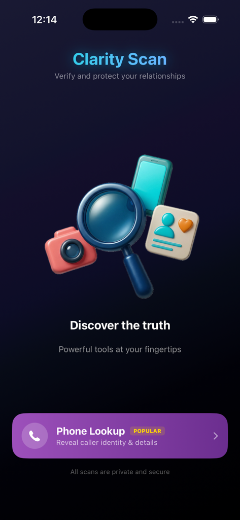 ClarityCheck - Scam Detection - Interfaccia dell'app mobile ClarityCheck che mostra la funzione di ricerca inversa del numero di telefono e gli strumenti di rilevamento delle truffe