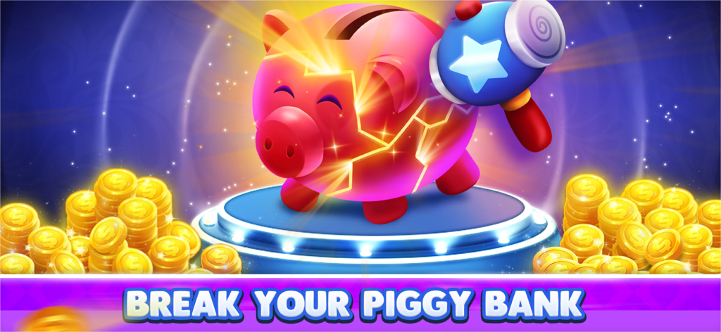 Gin Rummy Elite: Online Game - Una hucha rosa brillante siendo rota por un martillo para liberar monedas de oro en el juego Gin Rummy Elite