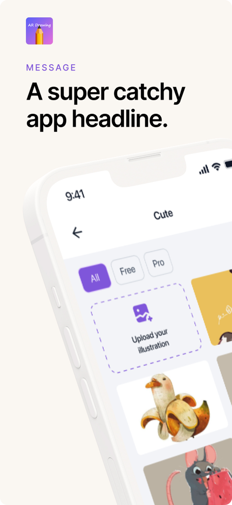 AR Drawing: Easy to Sketch - Interface of the AR Drawing app on an iPhone showing a gallery of cute sketches to trace