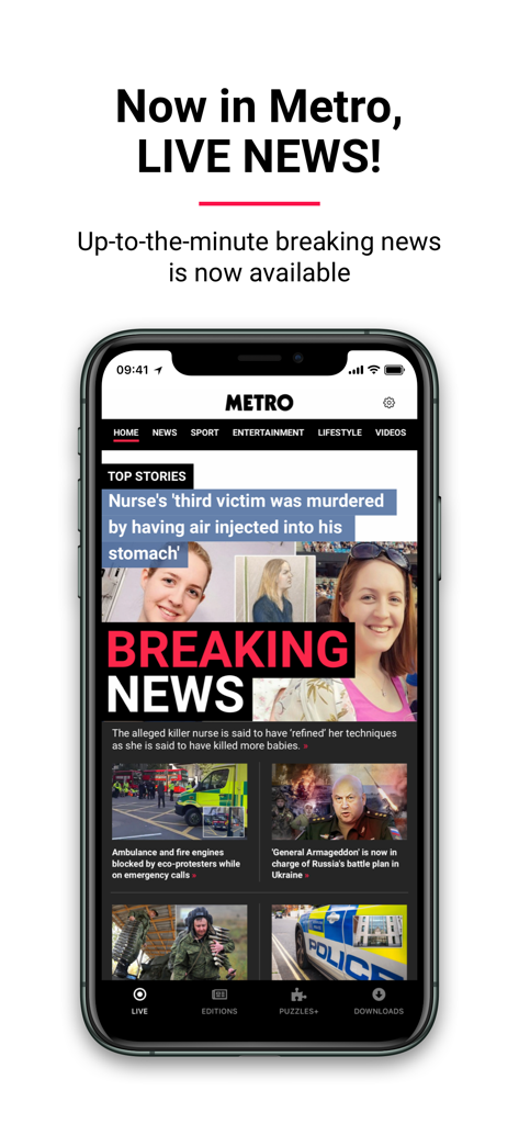 Metro: World and UK news app - メトロニュースアプリのインターフェースがスマートフォンに表示され、速報とライブヘッドラインを示しています。