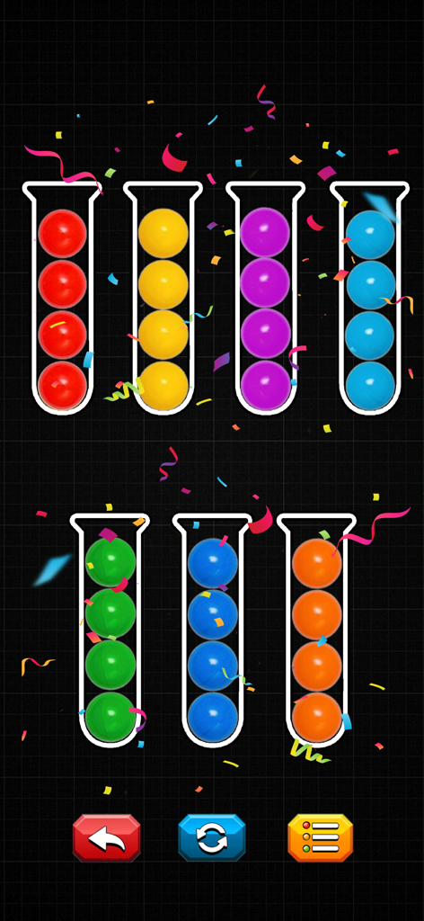Color Ball Sorting-Puzzle Sort - Gameplay of Color Ball Sorting Puzzle showing bottles filled with sorted colored balls and confetti