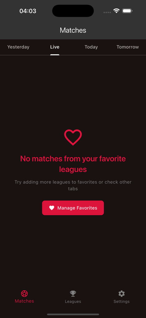 Empty live matches screen in Ostora TV app with a manage favorites button in dark mode