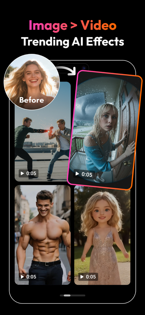 PicMa: AI Photo & Video Editor - La interfaz de la aplicación PicMa muestra efectos de tendencia IA que transforman imágenes estáticas en vídeos cortos