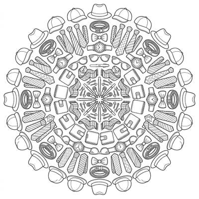 Explore a uniquely elegant men's accessories mandala, intricately designed for a sophisticated coloring journey. This symmetrical pattern offers a delightful challenge for colorists of all levels.