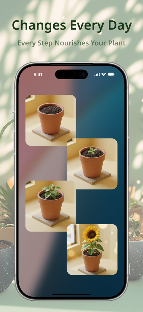 PixelPot: Step Tracker Garden - Un smartphone affichant quatre étapes de croissance d'une plante dans un pot déclenchée par des pas de marche