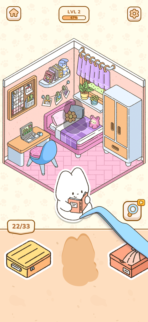 My Sticker Room - Decor Game - Capture d'écran de gameplay de My Sticker Room montrant un sticker de lapin mignon placé dans une chambre pastel décorée à l'aide d'une pince à épiler.