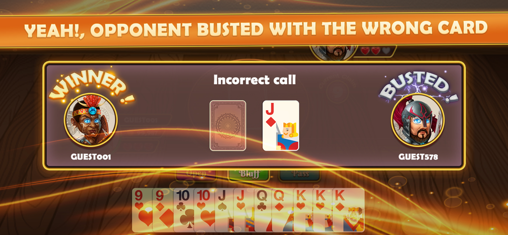 Gameplay screen of Bluff Multiplayer card game showing a player winning after an opponent is busted for an incorrect card call