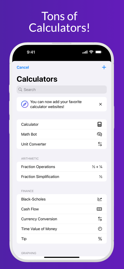 iCalc: Photo Math Calculator - iCalc app interface showing various calculator options including arithmetic and finance