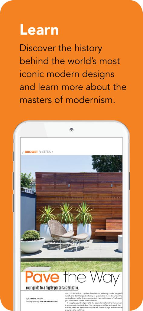 A smartphone displaying a guide to personalized patio design within the Atomic Ranch app.