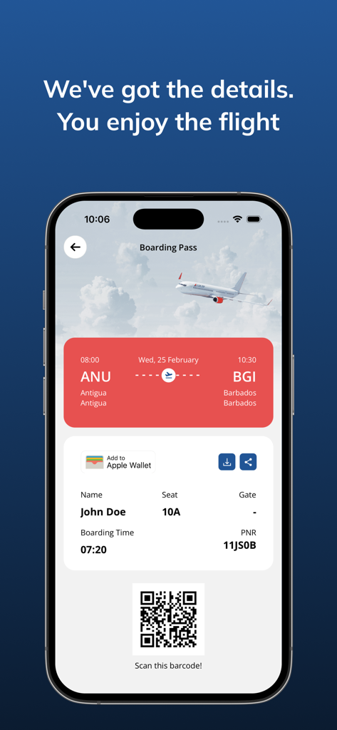 앤티가에서 바베이도스까지의 항공편 세부 정보를 보여주는 Liat Air 모바일 앱의 디지털 탑승권