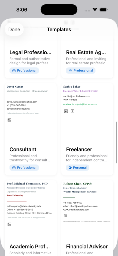 Écran de l'application mobile montrant des modèles de signature d'e-mail professionnels pour consultants, indépendants et agents immobiliers