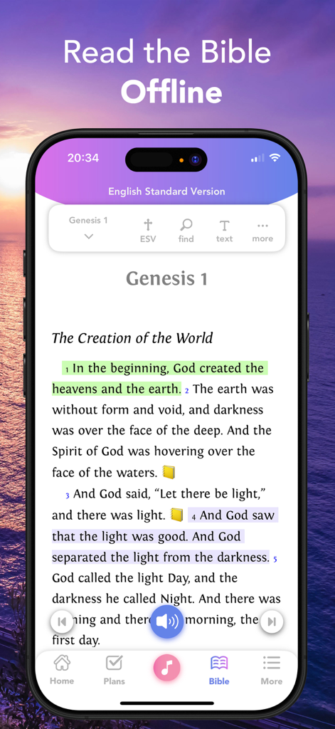 Daily Devotional For Women app interface showing Genesis Chapter 1 with offline reading capability