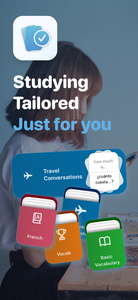 A visual showing the Memorize app with personalized flashcard decks for French, Vocabulary, and Travel Conversations.