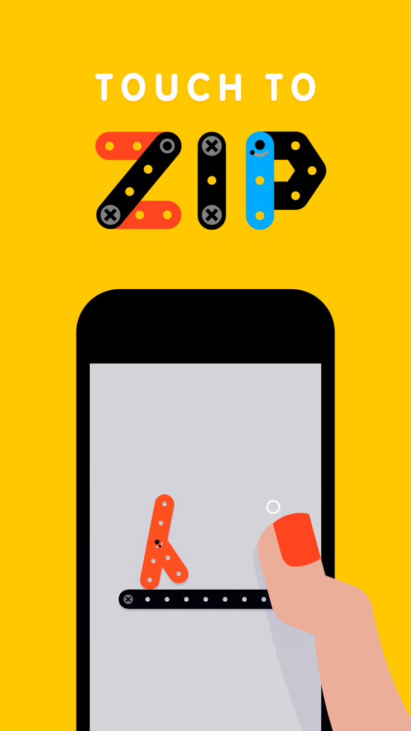 Zip—Zap - A minimalist mechanical physics puzzle game called Zip-Zap shown on a smartphone screen with touch interaction.