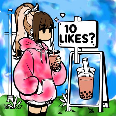 girl with oversized hoodie drinking boba and she has a high ponytail with a sign that says 10likes?