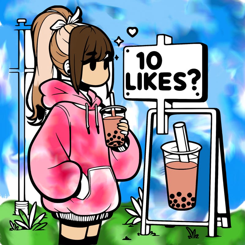 girl with oversized hoodie drinking boba and she has a high ponytail with a sign that says 10likes?