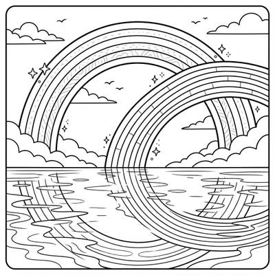 Dive into the extraordinary world of reflection rainbows with this intricate coloring template. Capture the breathtaking beauty of two rainbow arcs, one mirrored perfectly on a serene water surface.