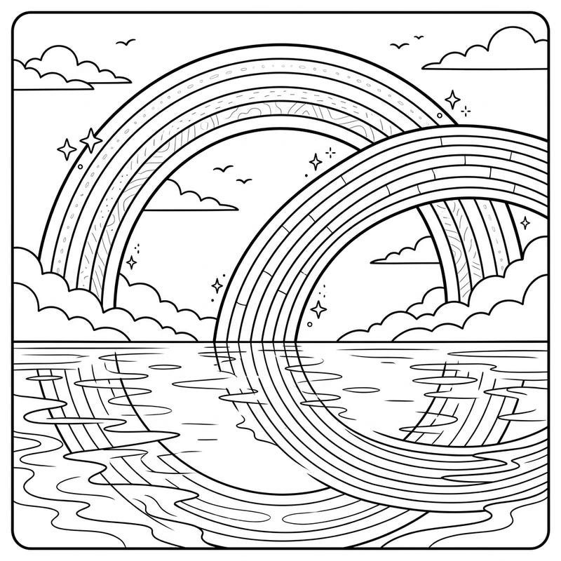 Dive into the extraordinary world of reflection rainbows with this intricate coloring template. Capture the breathtaking beauty of two rainbow arcs, one mirrored perfectly on a serene water surface.
