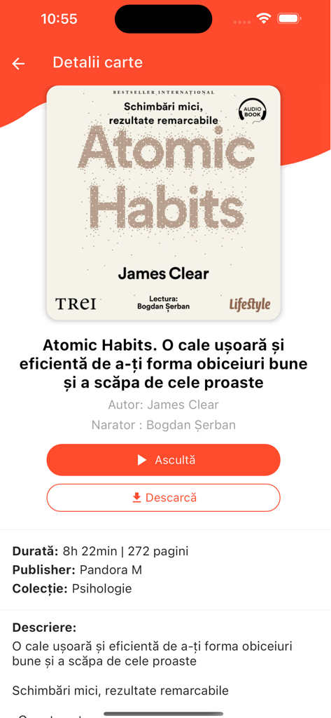 Interfaz de la aplicación móvil que muestra detalles del audiolibro rumano Atomic Habits de James Clear