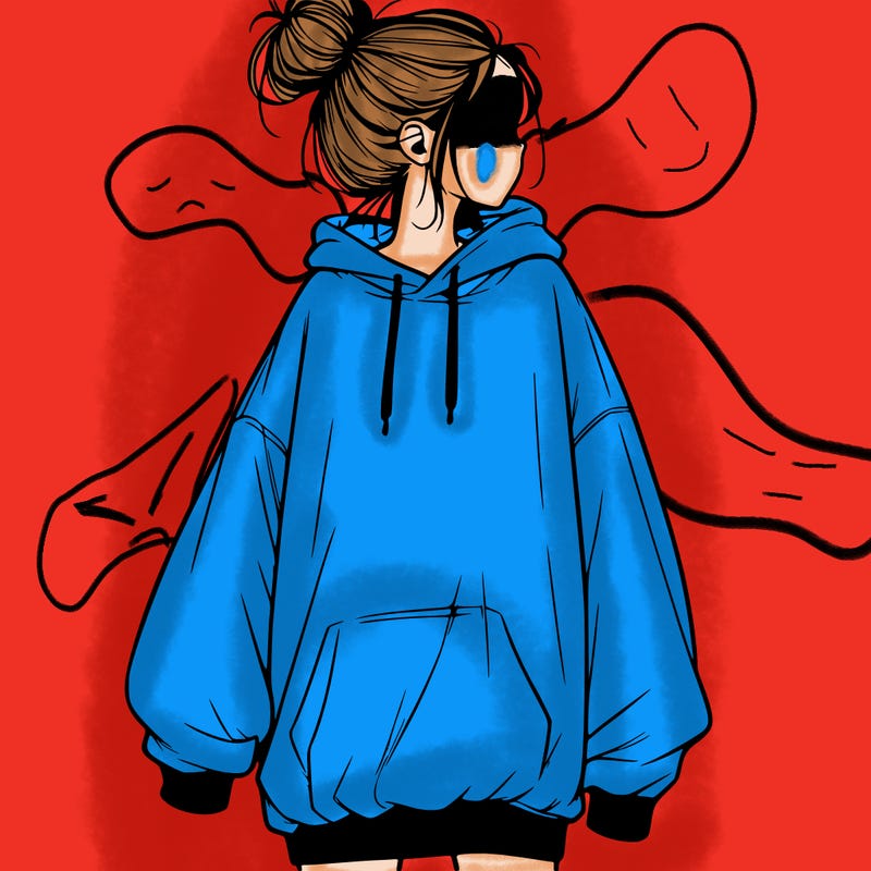 realistic girl with a oversized sweatshirt on and a bun