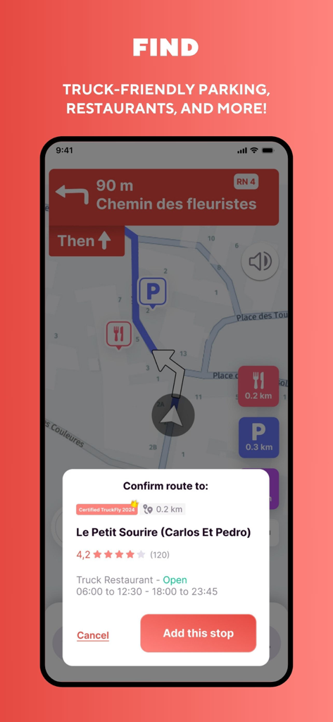 Truckfly - Truck GPS - Truckfly-App zeigt eine Navigationskarte mit LKW-Parkplatz- und Restaurant-Symbolen sowie ein Pop-up zum Hinzufügen eines Stopps an