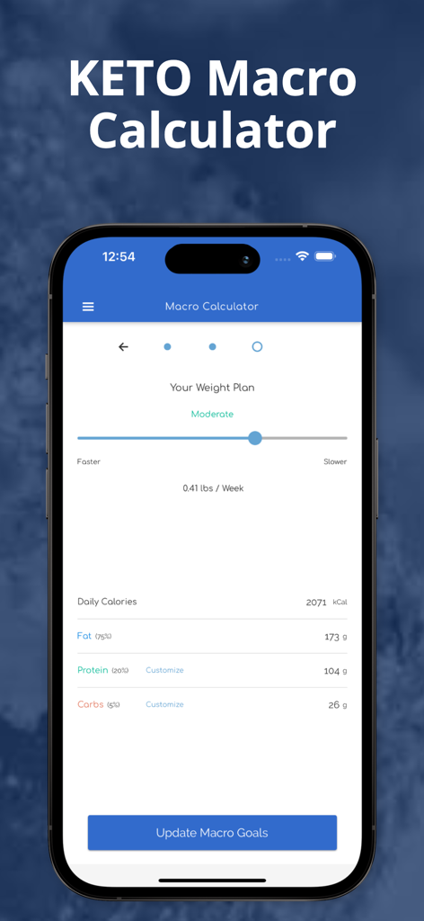My Keto Low Carb Macro Tracker - Mobile app screen showing the keto macro calculator with daily calorie and nutrient goals