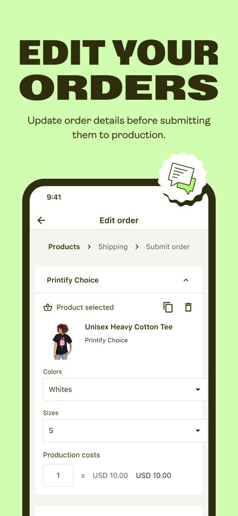 Printify app interface showing the edit order screen to update product details like size and color before production.