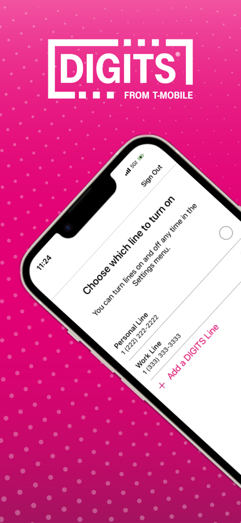 T-Mobile DIGITS app interface showing a list of phone lines including personal and work lines on a smartphone