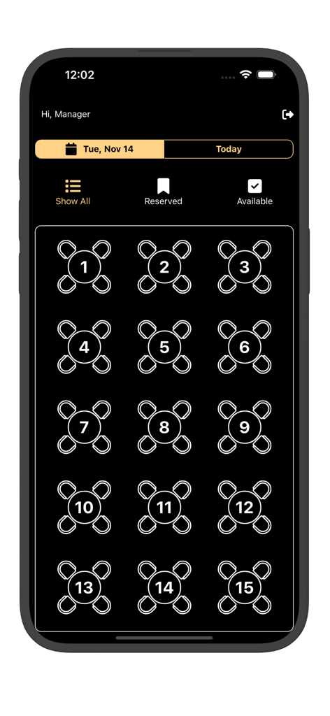 Dashboard del gestore dell'app Tavolina che mostra una griglia di tavoli del club numerati e lo stato delle prenotazioni.