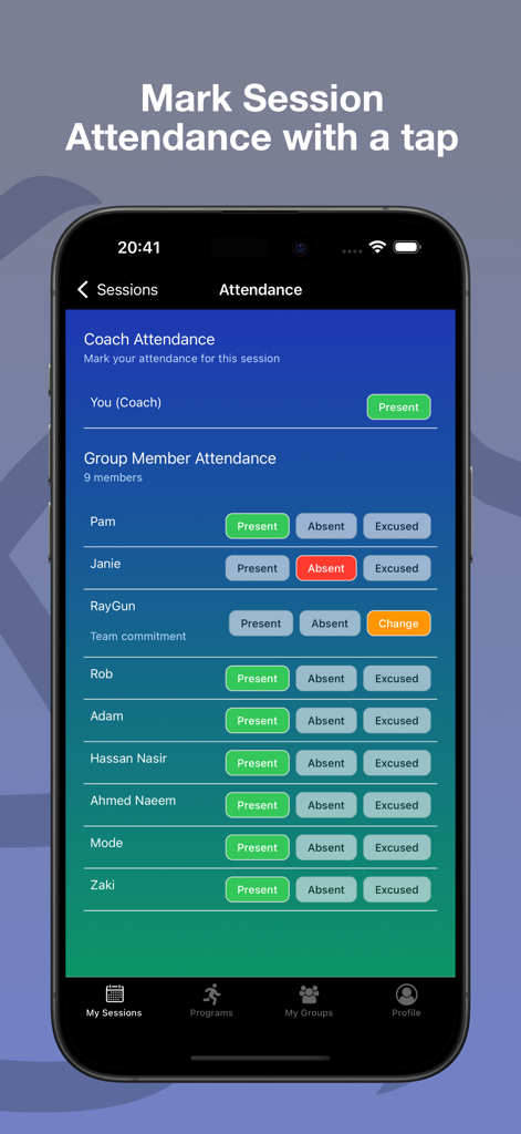 Academy Pro - Academy Pro mobile app interface for tracking sports session attendance