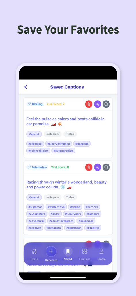 Screenshot of the Captionator app showing saved social media captions with viral scores and hashtags