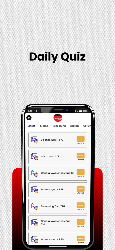 Daily quiz screen in the Winners Institute app showing subjects like Science Maths and Reasoning