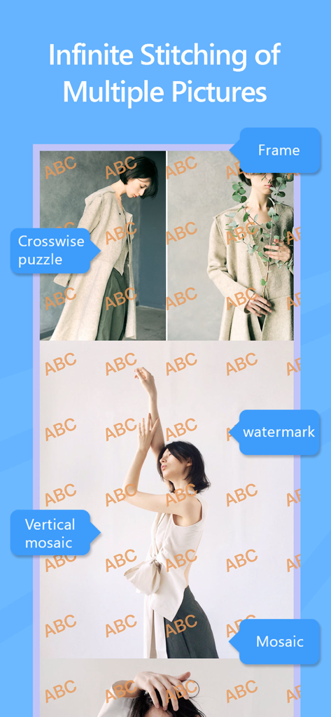 StitchPics-App-Oberfläche, die das unendliche Zusammenfügen mehrerer Bilder mit Collagen- und Mosaik-Werkzeugen zeigt