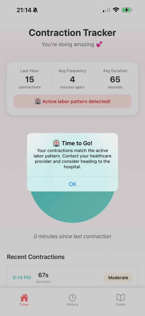 Benutzeroberfläche der Wehen-Tracker-App mit Benachrichtigung über aktive Wehenmuster und Krankenhausbenachrichtigung.