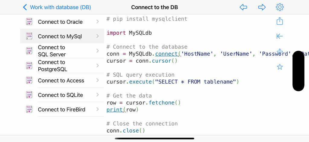 Receta de código Python para conectarse a una base de datos MySQL en la aplicación Python y SQL Pro.