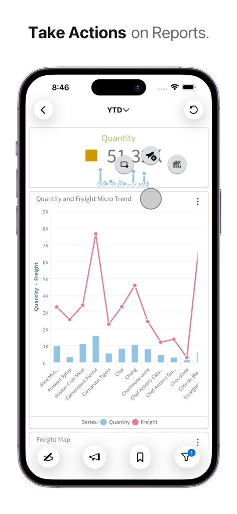 Infor Birst mobile app dashboard showing quantity and freight data charts on iPhone