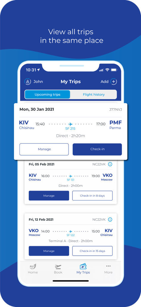 FLYONE - FLYONE app My Trips screen displaying upcoming flight itineraries and check-in options