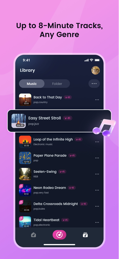 MakeBestMusic: AI Music - MakeBestMusic app library displaying a list of generated songs with different musical genres