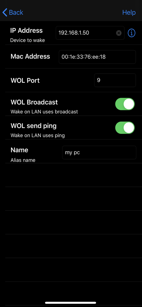 Mocha WOL - Pantalla de configuración de Mocha WOL con opciones de dirección IP, dirección MAC y activación para Wake on LAN