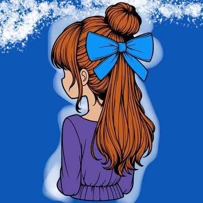 realistic girl  with hip length hair a bun and a big bow on the back of head